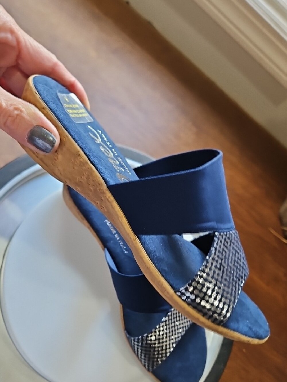 Onex Navy Blue Metallic Pattern Slide Mules - Picture 5 of 7